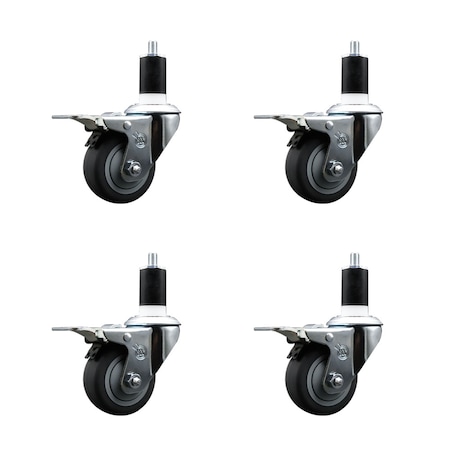 Service Caster 3'' SS Thermoplastic Rubber Swivel 1-1/2'' Expanding Stem Caster Set Total Lock Brake, 4PK SCC-SSEXTTL20S314-TPRB-112-4